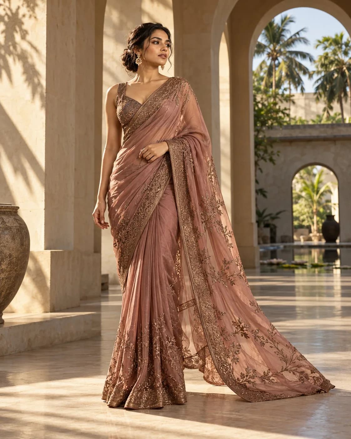 A woman in a dusty rose saree with bronze floral embroidery walking through a sunlit colonnade