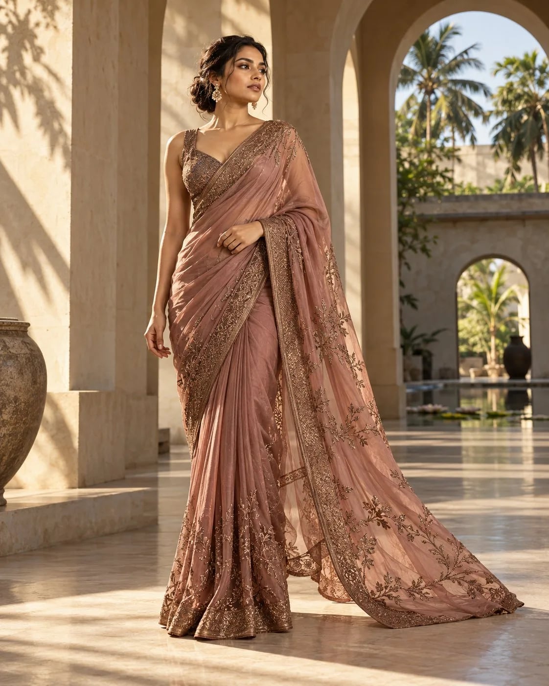 A woman in a dusty rose saree with bronze floral embroidery walking through a sunlit colonnade